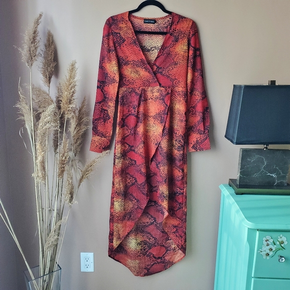 Snake Skin Print Long Sleeve V-Neck Semi Wrap Skirt Long Dress - Picture 3 of 17